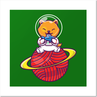 Cute Cat Astronaut Sitting On Planet With Fish Cartoon Posters and Art